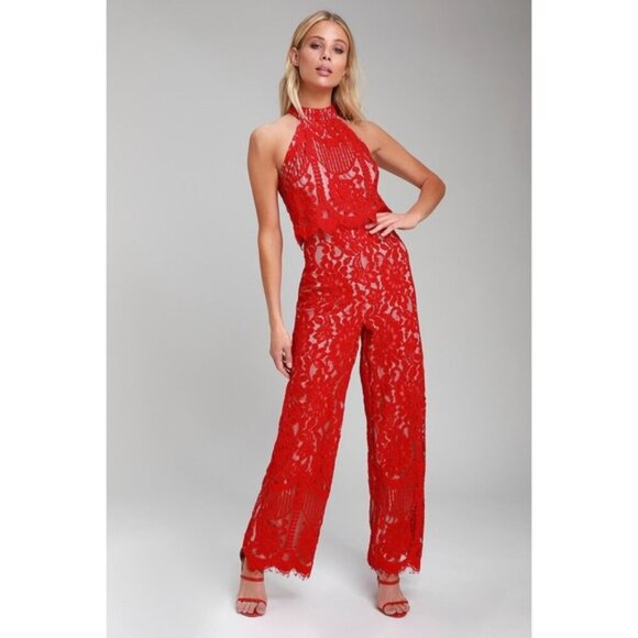 Lulus Britney Red Lace Halter Jumpsuit - Picture 1 of 8